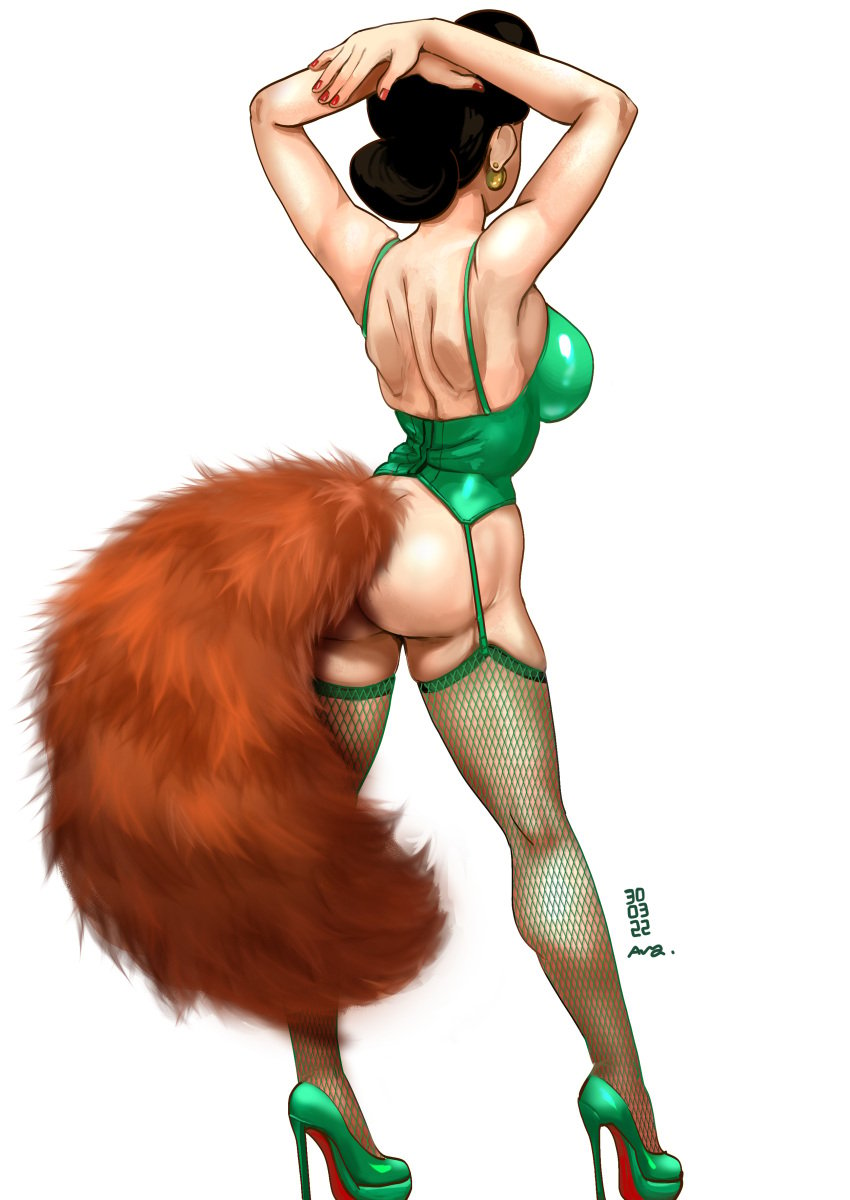 1girls alternate_version_available animal_tail araorenda asian asian_female ass big_breasts black_hair clothing disney earrings fake_animal_tail female female_only fishnet_stockings fishnets hair_bun high_heels legwear light-skinned_female light_skin lingerie mature_female milf ming_lee mother pixar solo stockings turning_red white_background