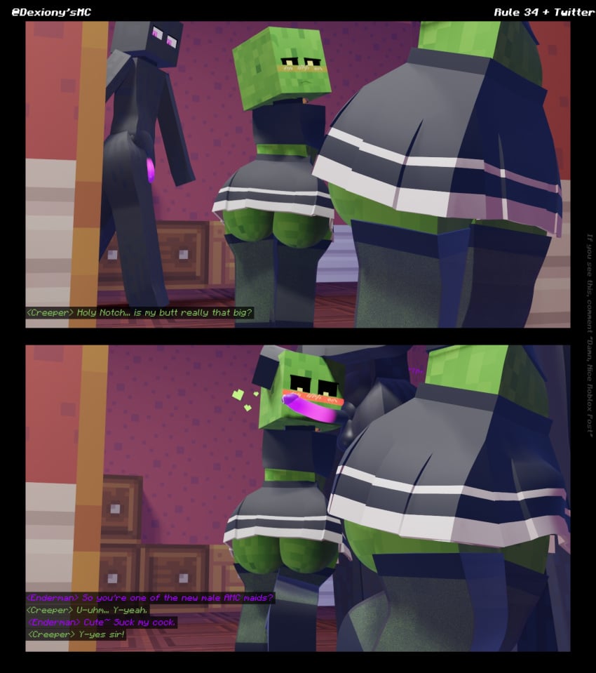 3d ass balls black_body blush creeper dexiony'smc enderman femboy glowing_eyes green_body inside maid male_only minecraft mirror penis tagme