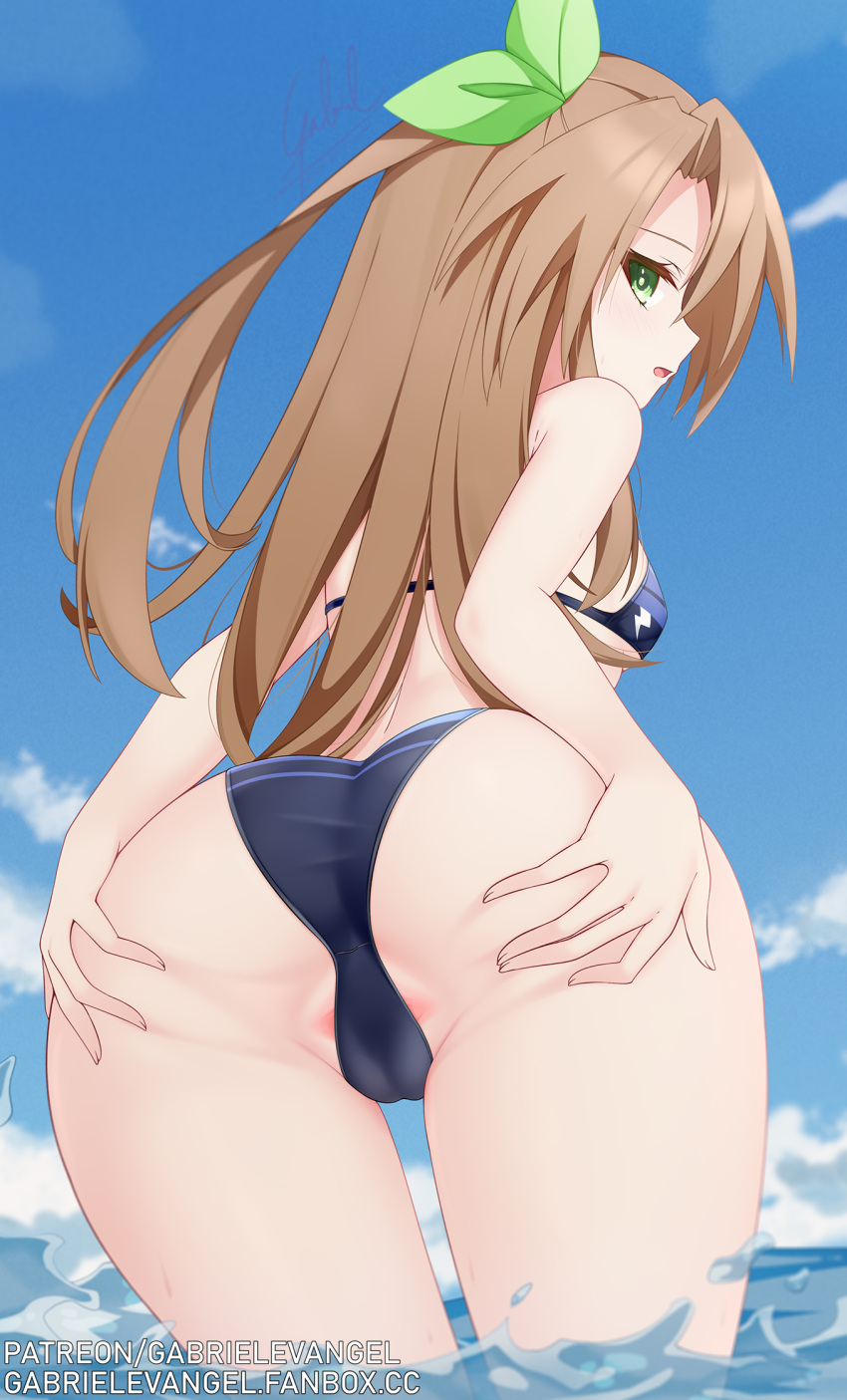 ass bikini bow breasts brown_hair cameltoe compile_heart female from_behind gabriel_evangel green_eyes hair_ornament hairbow highres idea_factory if_(neptunia) long_hair looking_back neptunia_(series) small_breasts solo spread_pussy_under_clothes swimsuit