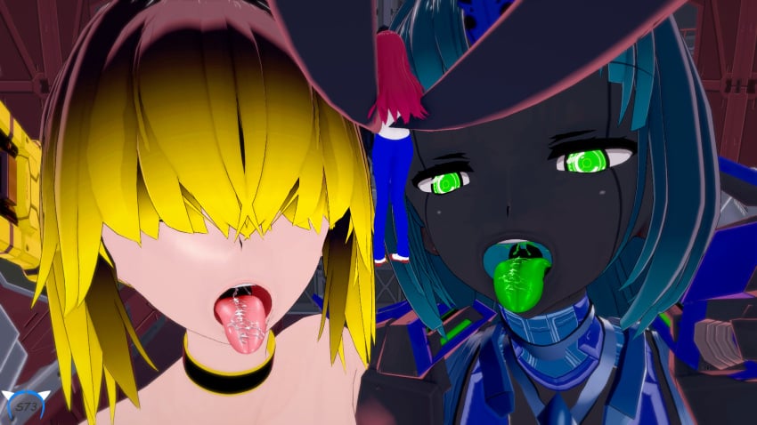 3girls android blue_hair choker clawed_fingers dark_hair dark_skin drooling giantess green_eyes held_up imminent_vore koikatsu mechanical multiple_girls open_mouth over_the_shoulder red_hair steele734_(artist) tagme tongue_out unusual_saliva vore yellow_highlights