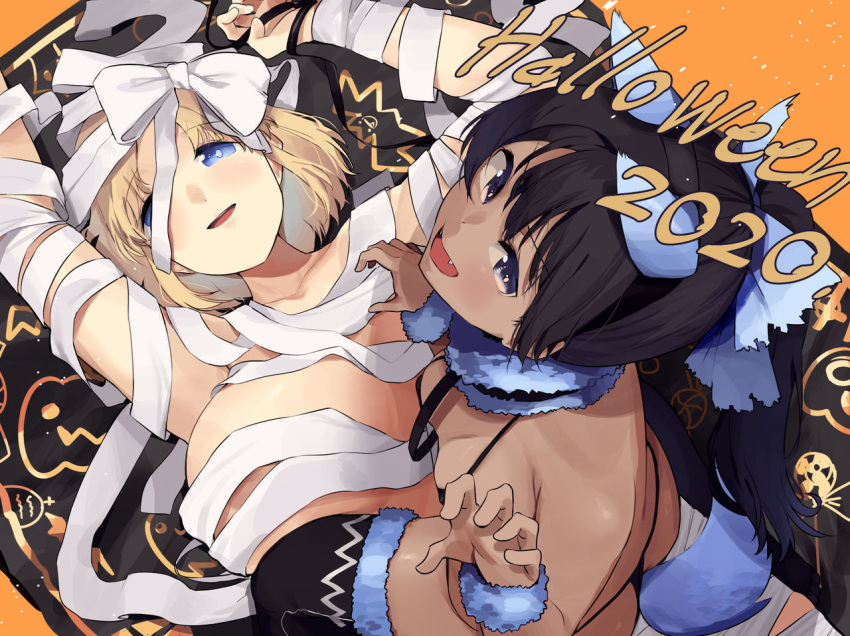 2020 2girls anal_tail bandage_on_face bandage_over_one_eye big_breasts black_hair blonde_girl_(okpriko) blonde_hair blue_eyes breasts chocolate_and_vanilla eyebrows_visible_through_hair halloween interracial interracial_yuri legwear looking_at_viewer multiple_girls okpriko open_mouth original ribbon small_breasts string_bikini tail thai_girl_(okpriko) white_ribbon yuri