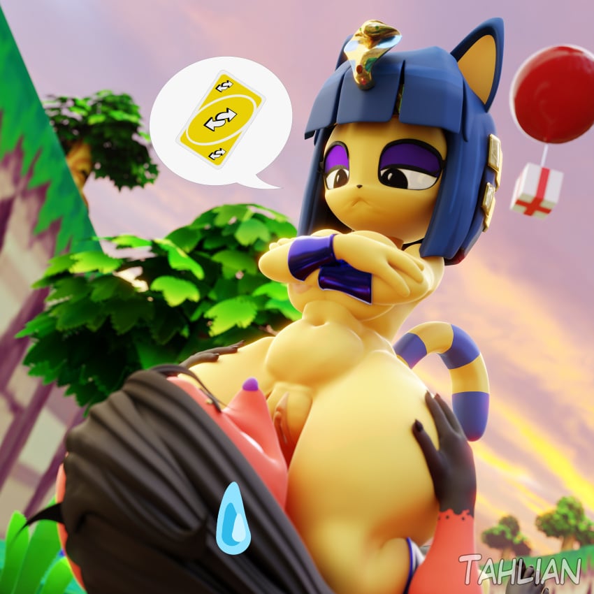 3d 3d_(artwork) absurd_res animal_crossing ankha ankha_(animal_crossing) anthro balloon blender_(software) bodily_fluids breasts canid canine canis cherry_(animal_crossing) covering covering_breasts crossed_arms cunnilingus digital_media_(artwork) domestic_cat domestic_dog duo felid feline felis female female/female genitals gift hands_on_hips hi_res inflatable mammal nintendo nude oral outdoor_sex outside pussy sex sweat sweatdrop tahlian thick_thighs vaginal_penetration wide_hips