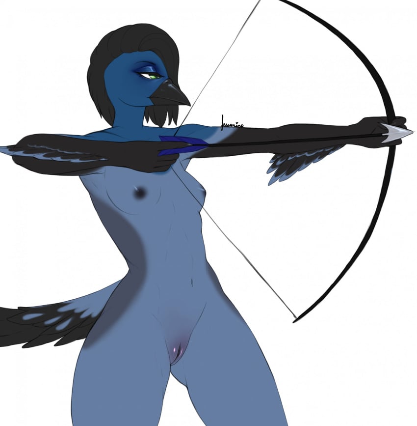 anthro anthro_only avian beak bird black_nipples blue_body blue_feathers blue_jay bow_(weapon) breasts corvid eyeshadow feathers female genitals green_eyes hi_res jay_(bird) makeup new_world_jay nipples non-mammal_breasts non-mammal_nipples nude oscine passerine pussy ranged_weapon reina_(artist) simple_background small_breasts solo steller's_jay tail_feathers weapon white_background