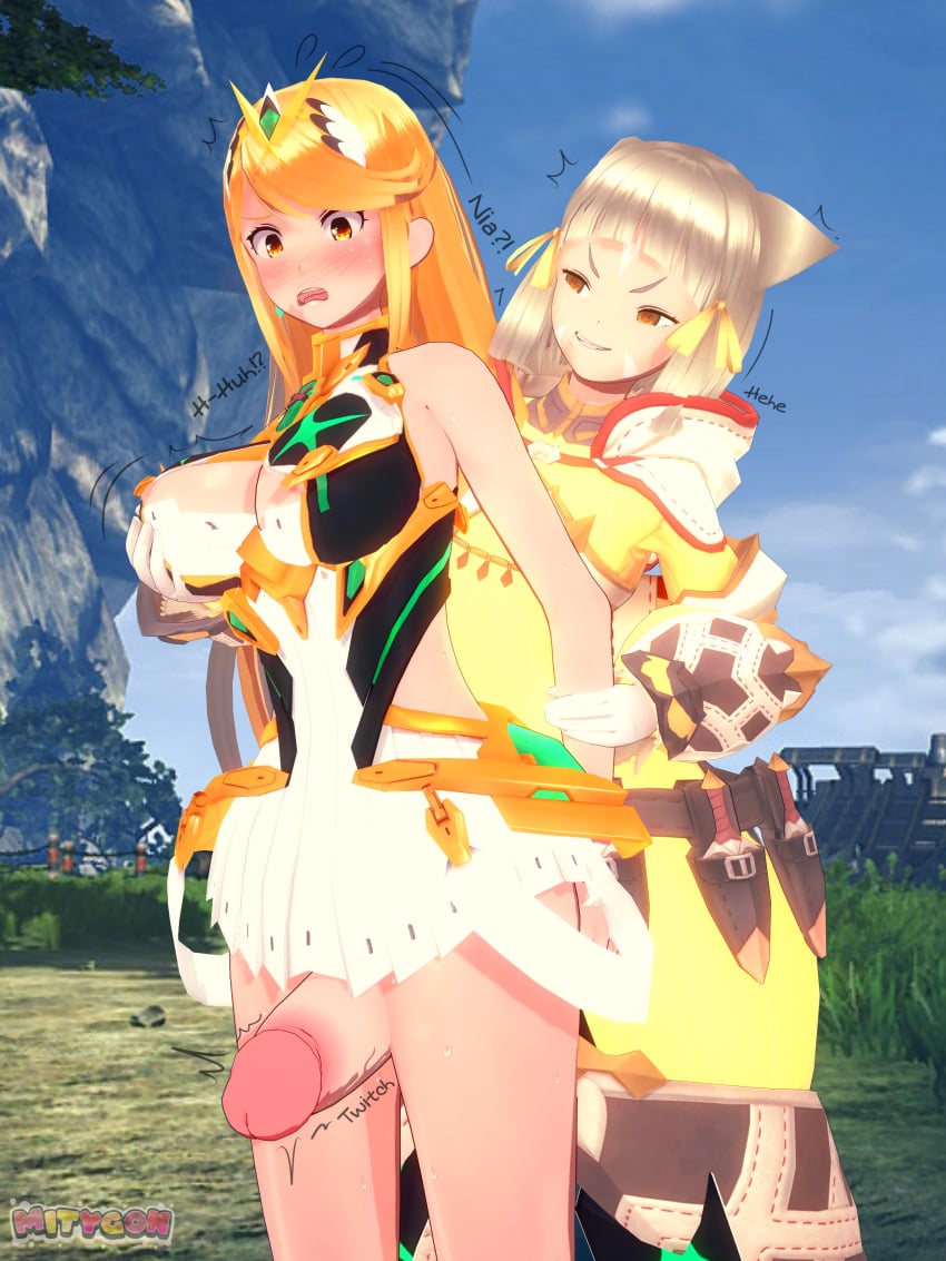 1girls 3d 3d_(artwork) ambiguous_consent bare_shoulders blonde_hair blush breast_grab breasts cat_ears cat_girl cat_humanoid catgirl cleavage cock core_crystal dubious_consent female frown futa_on_female futadom futanari gloves golden_eyes groping higher_resolution_duplicate hikari_(xenoblade_2) huge_cock imminent_rape koikatsu large_breasts large_penis larger_female light-skinned_female light-skinned_futanari light_skin long_hair mitygon mythra nia nia_(xenoblade) nipple_slip nipples open_mouth penis penis_out revealing_clothes short_hair small_dom_big_sub smaller_futanari smile smiling smiling_at_partner smug smug_expression smug_face smug_grin smug_smile surprise surprised surprised_expression thigh_sex thighs wardrobe_malfunction white_clothing xenoblade_(series) xenoblade_chronicles_2 yellow_clothing yellow_eyes yellow_hair