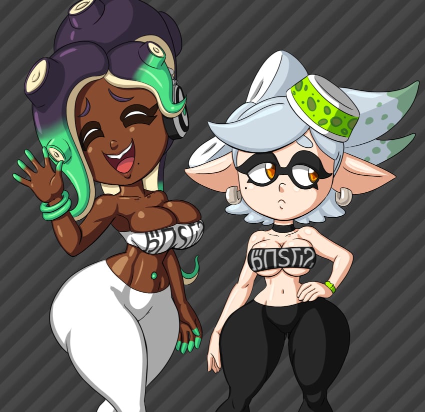 2021 background big_breasts black_eyebrows black_eyelashes black_pants black_skirt breasts chocolate_and_vanilla commentary_request dark-skinned_female dark_purple_hair dark_skin ear_piercing ear_ring frowning gray_eyebrows headgear headphone hi_res marie_(splatoon) marina_(splatoon) nintendo octoling off_the_hook_(splatoon) smiling smiling_at_viewer splatoon splatoon_2 squid_sisters tansau thick_thighs white_hair white_pants white_skirt yellow_eyes