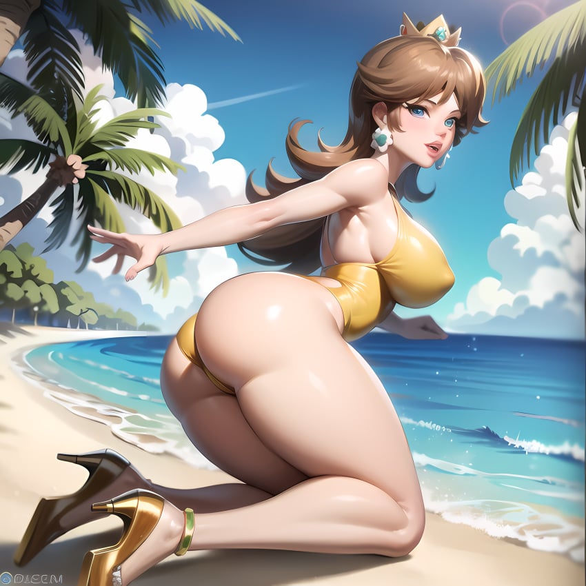 1girls ai_generated beach big_ass big_breasts bimbo blue_eyes brown_hair crown female female_only golden_crown golden_high_heels high_heels human kneeling light-skinned_female light_skin long_hair looking_at_viewer looking_back mario_(series) nai_diffusion nintendo ocean one-piece_swimsuit outdoors palm_tree princess_daisy solo solo_female stable_diffusion swimsuit water yellow_bikini yellow_swimsuit