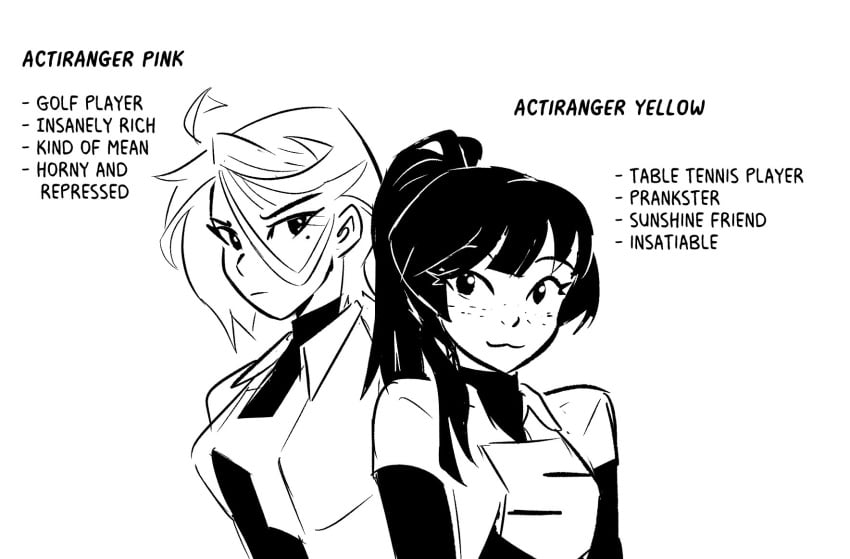 2girls :3 actiranger_pink_(spicymancer) actiranger_yellow_(spicymancer) actirangers breasts clothing dark_hair duo female hair human light_hair pale_skin spicymancer text yuri