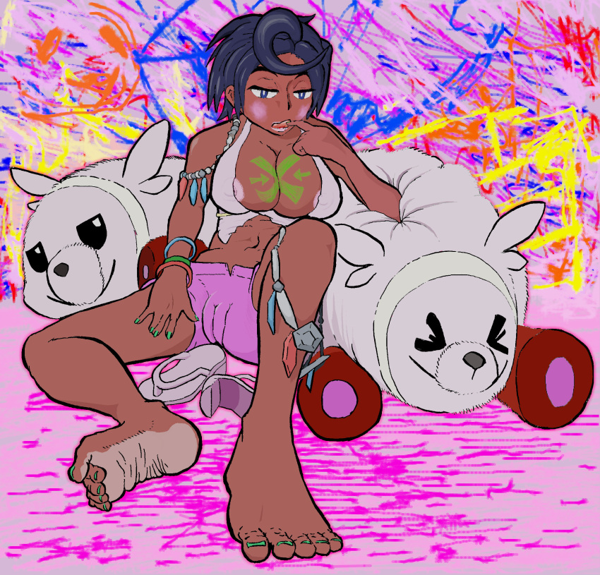 1girls absurd_res areolae_slip bewear blush breasts cameltoe cleavage dark-skinned_female dark_skin drawn echinococcos eyes_closed feet female finger_in_mouth foot_fetish hand_on_leg jewelry nipple_slip olivia_(pokemon) pokemon pokemon_sm pussy soles stuffed_animal tattoo toes