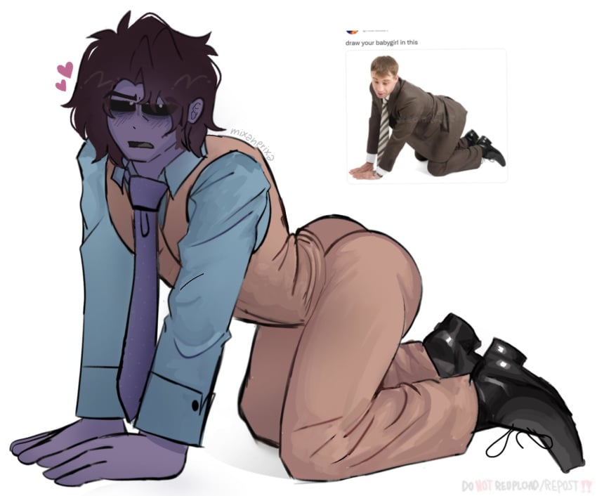 1boy ass big_ass big_butt black_hair blush blush_lines butt fat_ass fat_butt five_nights_at_freddy's fully_clothed heart huge_ass huge_butt looking_at_viewer male male_only meme michael_afton mixanprixa purple_skin sfw solo suit thick_ass thick_butt