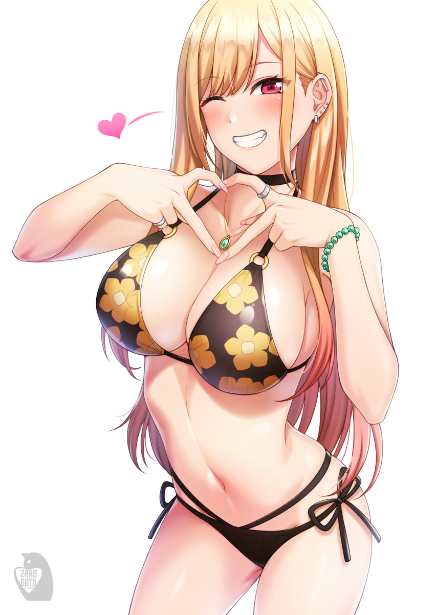 1girls 2022 belly belly_button big_breasts bikini bikini_bottom bikini_top blonde_hair blush bracelet choker cleavage ear_piercing earrings eyebrows_visible_through_hair eyes_visible_through_hair glistening glistening_body gyaru hand_gesture hand_heart heart kitagawa_marin long_fingernails long_hair necklace portrait rings signature smiling_at_viewer sono_bisque_doll_wa_koi_wo_suru standing thighs white_background wink winking_at_viewer zaregoto_tsukai_no_deshi