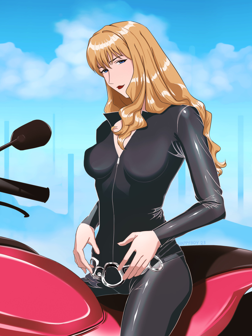 1girls bangs blonde_hair blue_eyes catsuit cowboy_bebop curls happyboynumber1 julia_(cowboy_bebop) leather motorcycle