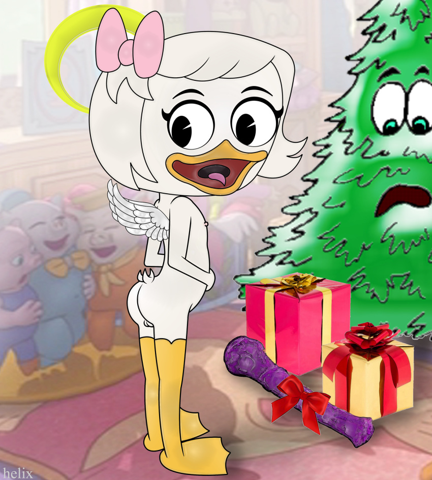 angel_wings anthro anthro_only christmas_tree dildo disney ducktales halo in_public naked pink_bow presents webby_vanderquack wings