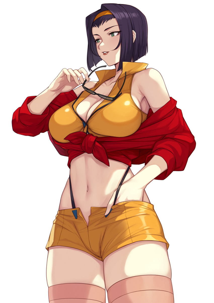 1girls breasts cleavage clothing cowboy_bebop evan_yang faye_valentine female green_eyes hairband human large_breasts medium_hair midriff pale-skinned_female pale_skin purple_hair short_hair shorts simple_background thick_thighs thighhighs thighs tummy white_background