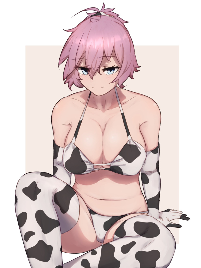 ahoge animal_print aoba_(kantai_collection) bikini breasts cleavage cow_print elbow_gloves feet_out_of_frame female gloves green_eyes hair_ornament hair_scrunchie highres ikadamo kantai_collection large_breasts ponytail purple_hair scrunchie sitting smile solo swimsuit thighhighs white_bikini white_gloves white_scrunchie white_thighhighs