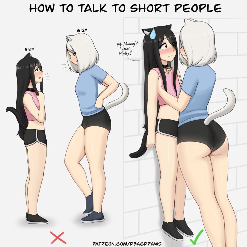 1futa 1girl against_wall ambiguous_gender animal_ears ass black_hair blush booty_shorts breasts bulge bulge_through_clothing cat_ears cat_tail catgirl choker clothed clothing collar dbagdraws death_by_snoo_snoo dialogue dolphin_shorts dominant_futanari english english_text female fluffyearedfox full_body fully_clothed futanari how_to_talk_to_short_people humanoid kemonomimi lifting_person light-skinned_female light-skinned_futanari light_skin long_hair medium_hair meme mia_(dbagdraws) molly_(dbagdraws) mommy_kink nervous nervous_smile petite small_breasts smaller_female speech standing submissive_female t-shirt talking taller_girl tank_top text thick_ass thick_thighs tight_clothing white_hair white_skin