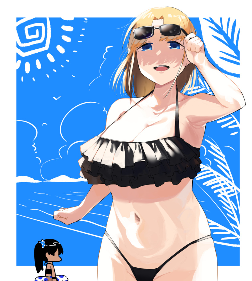 big_breasts bikini black_hair blonde_girl_(okpriko) blonde_hair blue_eyes breasts lifebuoy navel okpriko open_mouth original sunglasses sunglasses_on_head thai_girl_(okpriko)