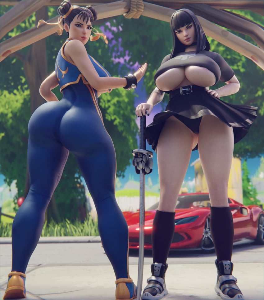 2girls 3d 3d_(artwork) absurd_res absurdres asian asian_female ass big_ass big_breasts big_butt black_hair bodysuit bottom_heavy breasts brown_hair bubble_ass bubble_butt busty capcom charlotte_(fortnite) chun-li chun-li_(fortnite) epic_games female female_only ferrari fortnite fortnite:_battle_royale goth goth_girl gothic hair_bun hair_buns hi_res high_resolution highres hime_cut huge_ass huge_breasts huge_butt large_ass large_breasts large_butt looking_at_viewer pale-skinned_female pale_skin panties pose posing round_butt skirt street_fighter street_fighter_6 street_fighter_alpha street_fighter_alpha_3 street_fighter_iv street_fighter_v superhentaimaster9000 tight_clothes tight_clothing tight_pants top_heavy underboob underwear upskirt white_skin