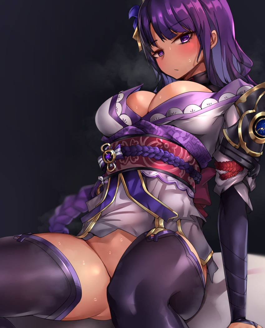 1girls bottomless cleavage clyde_s genshin_impact large_breasts purple_hair raiden_shogun solo suggestive sweat thighhighs