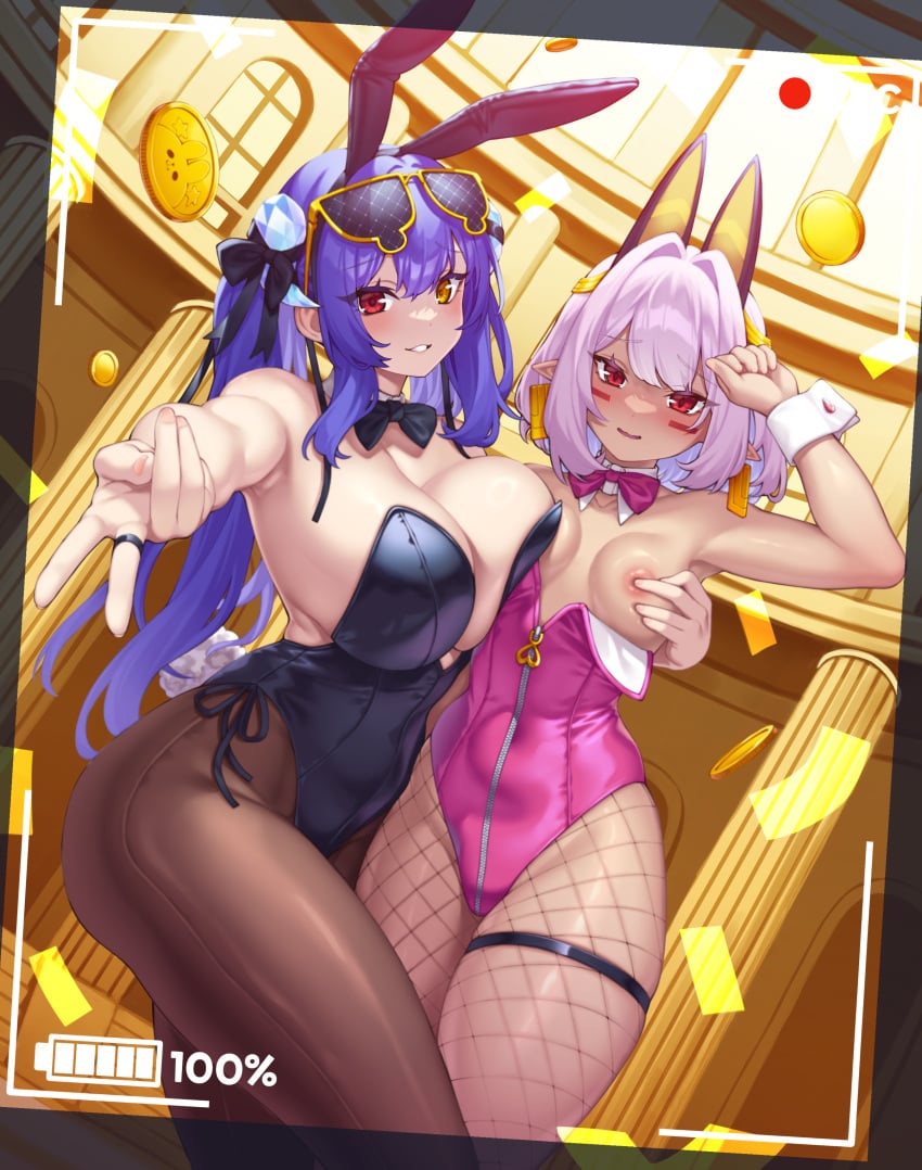 2girls absurdres animal_ears asymmetrical_docking battery_indicator black_bow black_bowtie black_leotard blue_hair bow bowtie breast_press breasts brown_pantyhose bunny_ears bunnysuit cat_ears coin confetti covering_nipples crystal_hair_ornament curvaceous curvy detached_collar earrings elomil embarrassed eyewear_on_head facepaint fake_animal_ears female fishnet_legwear fishnet_pantyhose fishnets flat_chest grabbing grabbing_another's_breast grin groin hair_intakes hair_ornament hairbow hand_up heterochromia highleg highleg_leotard highres huge_breasts indoors jewelry large_ass leotard leotard_pull long_hair looking_at_viewer medium_hair multiple_girls nail_polish original outstretched_arm pantyhose peace_sign pillar pink_bow pink_bowtie pink_hair pink_leotard pink_nails playboy_bunny pointy_ears rabbit_ears recording red_eyes ring short_hair small_breasts smile standing strapless strapless_leotard sunglasses sunglasses_on_head thigh_strap tight_clothing topless traditional_bowtie twintails v viewfinder wide_hips wrist_cuffs yellow-framed_eyewear yellow_eyes zipper_leotard