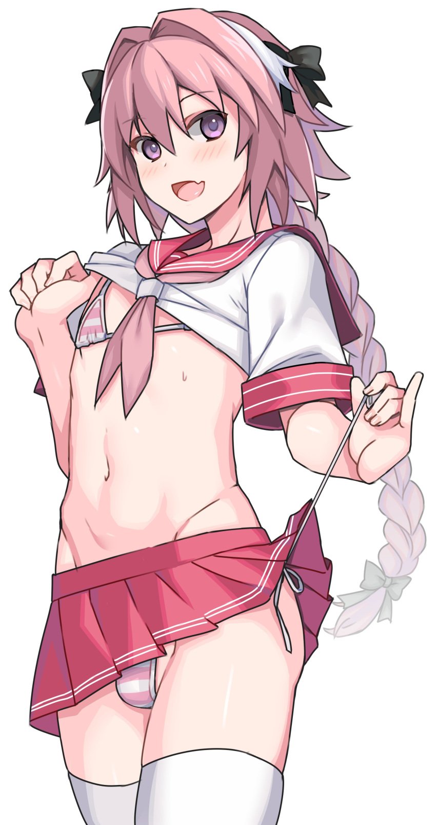 1boy 2022 absurd_res ae_(aeiu4114) astolfo_(fate) bare_arms bikini bikini_under_clothes blush bow braid bulge clothing crop_top crossdressing eyebrows_visible_through_hair fangs fate/apocrypha fate/grand_order fate_(series) femboy hair_between_eyes hair_ribbon highlights highres lifted_by_self long_hair long_ponytail male male_only micro_bikini midriff miniskirt navel open_mouth pink_bikini pink_hair pleated_skirt ponytail purple_eyes ribbon school_uniform serafuku shirt shirt_lift side-tie_bikini simple_background single_braid skirt smile solo standing striped striped_bikini stripes sweat thighhighs thighs tied_hair tongue trap undressing uniform very_long_hair white_background white_bikini white_highlights zettai_ryouiki