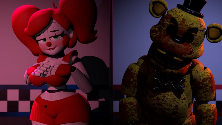 3d 3d_(artwork) accurate ambiguous_gender angry animatronic animatronic_female animatronics baby_(fnafsl) biting_lip black_bowtie black_top_hat blush bowtie breasts canon circus_baby circus_baby_(fnaf) covered_in_blood eyeless female fingerless_gloves five_nights_at_freddy's five_nights_at_freddy's:_sister_location fnaf golden_freddy golden_freddy_(fnaf) green_eyes haunted horny_female open_mouth possessed red_hair robot_girl scottgames seductive_look shirt shorts sister_location so87baby summer_of_87_baby top_hat twintails ultimate_custom_night