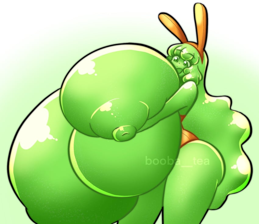 1girls big_ass booba_tea breasts_bigger_than_body breasts_bigger_than_head breasts_bigger_than_torso breasts_squeeze bunny_ears bunnysuit enormous_breasts exposed_breasts gigantic_breasts grabbing_own_breast green_eyes green_skin green_slime hanging_breasts happy huge_nipples hyper hyper_breasts long_hair looking_at_own_breasts nipples orange_clothing plump self_fondle slime_girl slime_hair squishy thick_thighs white_background