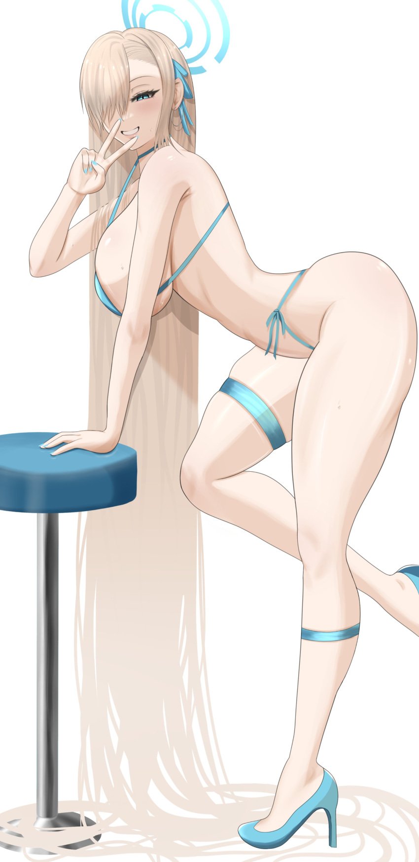 1girls 2023 absurd_res asuna_(blue_archive) bent_leg bikini blonde_hair blue_archive eyes_mostly_closed female female_only hair_curtain heels ida_draws leaning leaning_on_chair leaning_on_hand legband long_hair looking_at_viewer side_view smiling smiling_at_viewer solo teeth_showing thigh_squish v_sign very_long_hair white_background