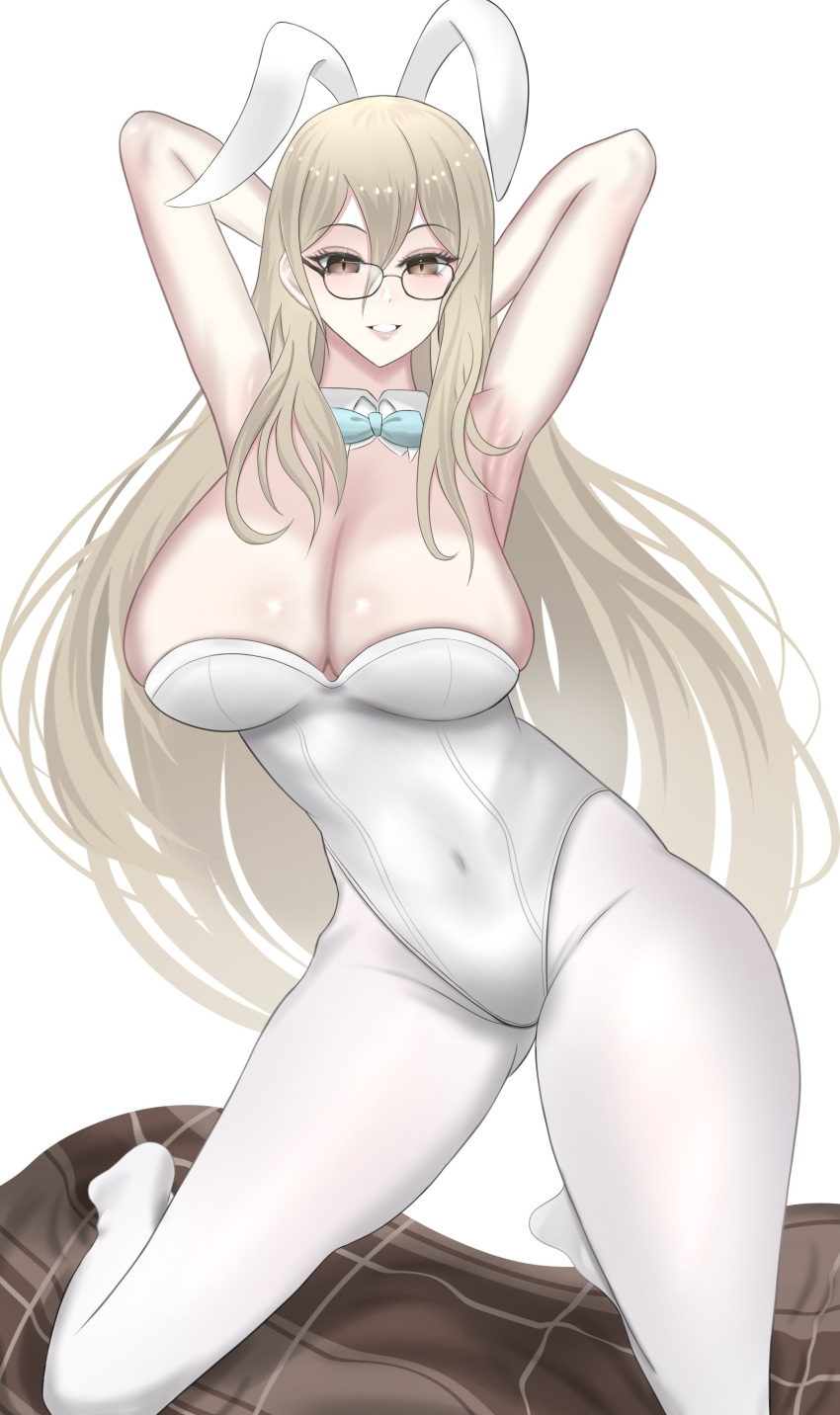 1girls 2022 akane_(blue_archive) akane_(bunny)_(blue_archive) arms_behind_head big_breasts blonde_hair blue_archive bunny_ears bunnysuit detached_collar female female_only glasses ida_draws kneeling long_hair looking_at_viewer neck_ribbon pantyhose smiling smiling_at_viewer solo very_high_resolution white_background white_pantyhose