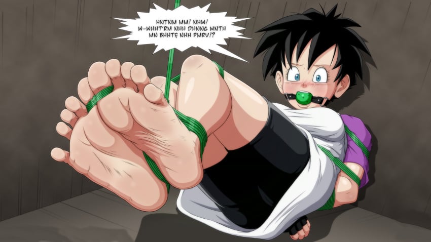 ball_gag barefoot black_hair blue_eyes blush clothing confused dragon_ball dragon_ball_z feet female female_focus female_only foot_fetish foot_focus fully_clothed gag nitropunkarts soles solo_female speech_bubble text tied tied_hands tied_legs videl