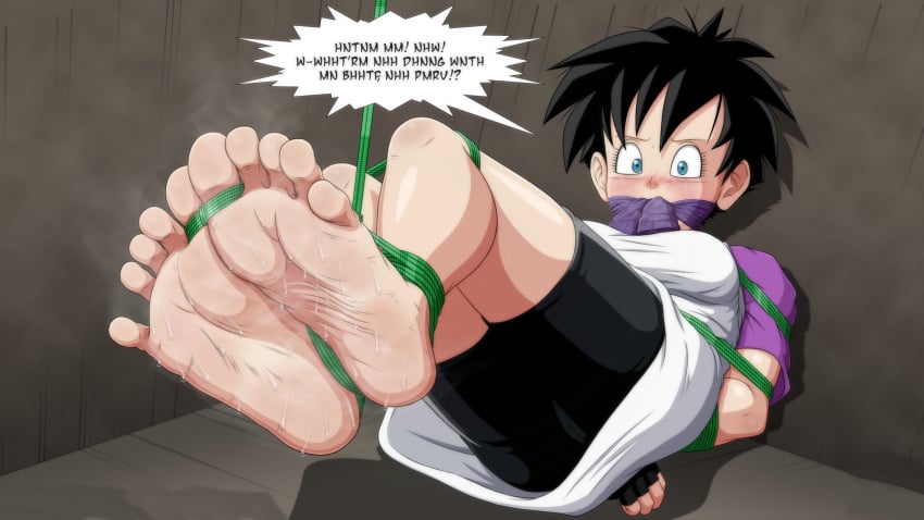 ball_gag barefoot black_hair blue_eyes blush clothing confused dragon_ball dragon_ball_z feet female female_focus female_only foot_fetish foot_focus fully_clothed gag nitropunkarts scent smell sock_gag soles solo_female speech_bubble sweat text tied tied_hands tied_legs videl