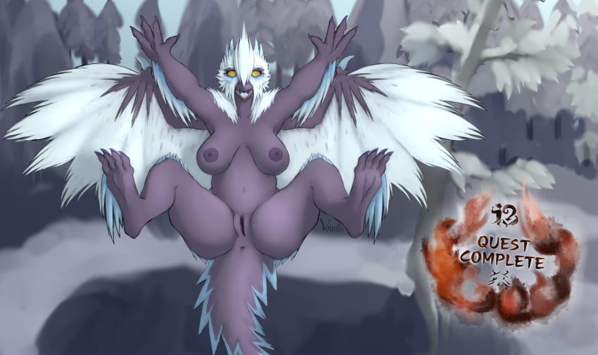 anus blush blush_lines capcom dragon elder_dragon female genitals hi_res monster_hunter pussy snow solo spread_wings suprised_eyes suprised_look velkhana voirath wings winter