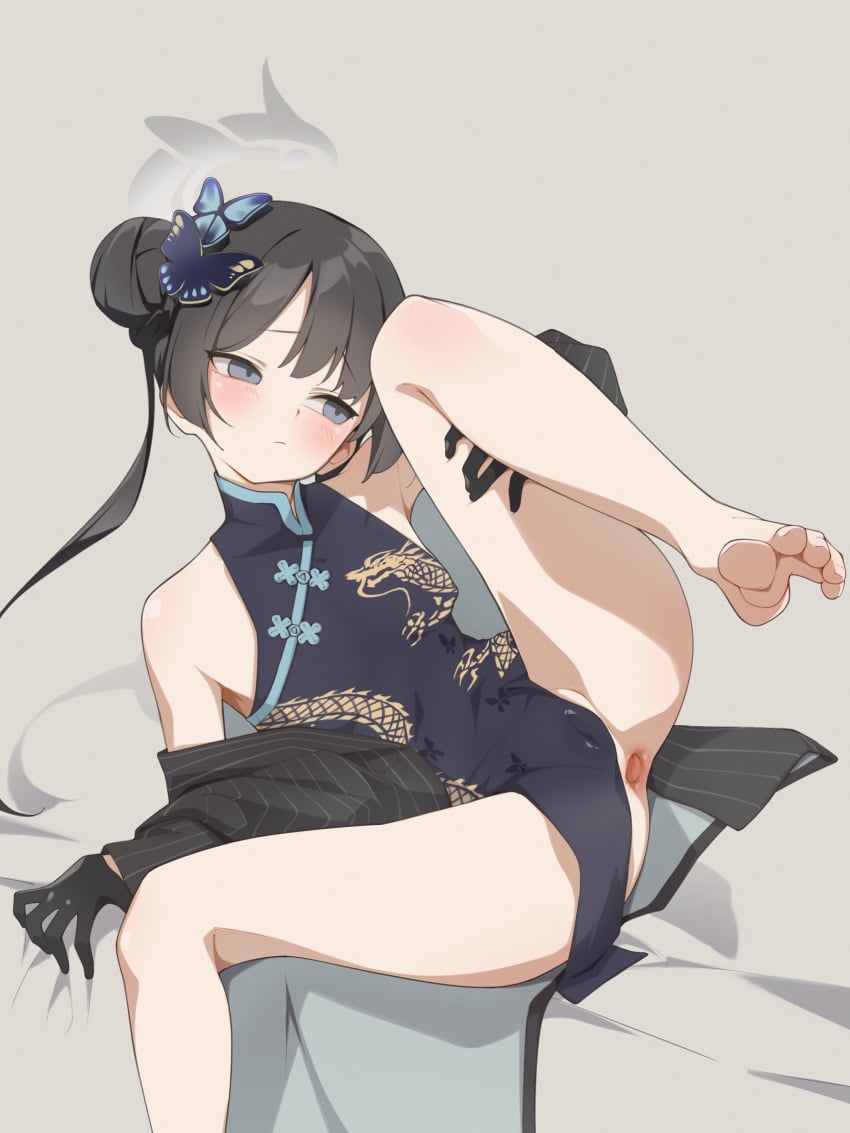 absurdres anus bare_legs barefoot black_dress black_gloves black_hair black_jacket blue_archive breasts butterfly_hair_ornament cameltoe china_dress chinese_clothes closed_mouth double_bun dragon_print dress female foot_out_of_frame gaping genryumon_(blue_archive) gloves grey_background grey_halo hair_bun hair_ornament halo highres jacket jacket_partially_removed kisaki_(blue_archive) leg_up long_hair lying on_back rarigo shanhaijing_secondary_school_student sleeveless sleeveless_dress small_breasts solo spread_legs toes twintails young