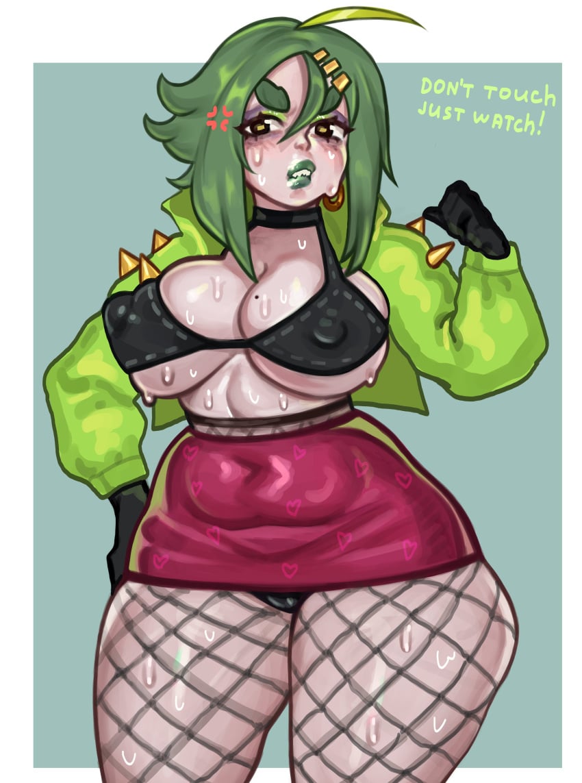 1girls absurd_res ahoge anger_vein angry big_breasts bikini_top dialogue english_text fanart female female_only fishnet_pantyhose fishnets fistingmadam gloves goth green_hair green_lipstick hairclip hand_on_hip jacket looking_at_viewer medium_hair midori_(rizdraws) nipple_bulge skirt solo sweat talking_to_viewer thick_thighs