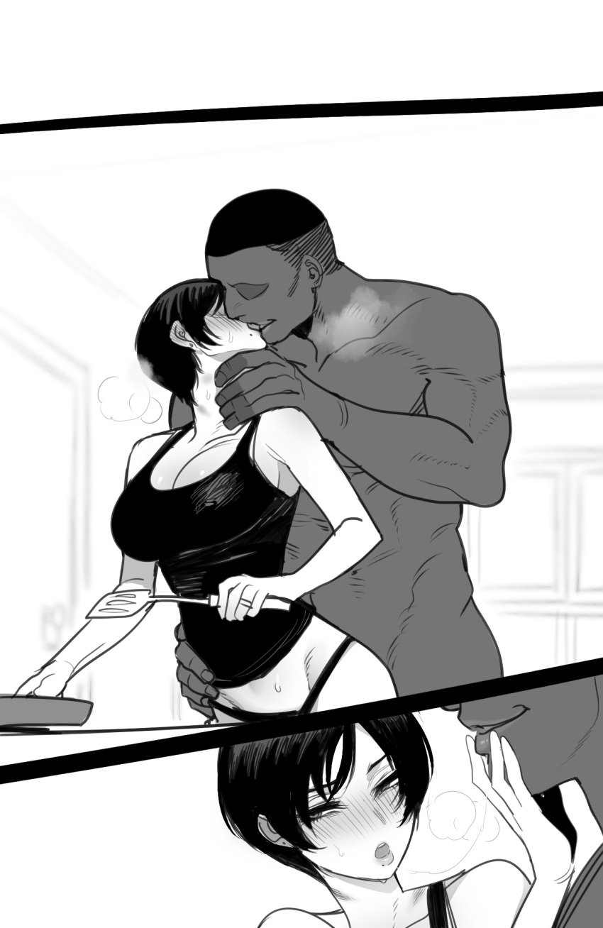 1boy 1boy1girl 1girls 2023 big_breasts black_hair blush blush_lines blushing cooking dark-skinned_male dark_skin female hand_on_hip hi_res high_resolution highres holding_object holding_spatula kissing large_breasts light-skinned_female light_skin making_out male male/female mole mole_under_mouth naked_male ratatatat74 saliva saliva_trail short_hair tank_top thong