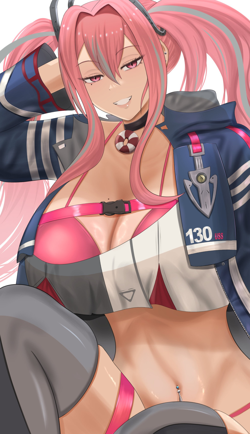 1girls 2023 azur_lane big_breasts bikini_top bremerton_(azur_lane) choker eagle_union_(azur_lane) female female_only grin highlights ida_draws light-skinned_female light_skin looking_at_viewer navel_piercing pink_eyes pink_hair solo swimsuit thighhighs twintails