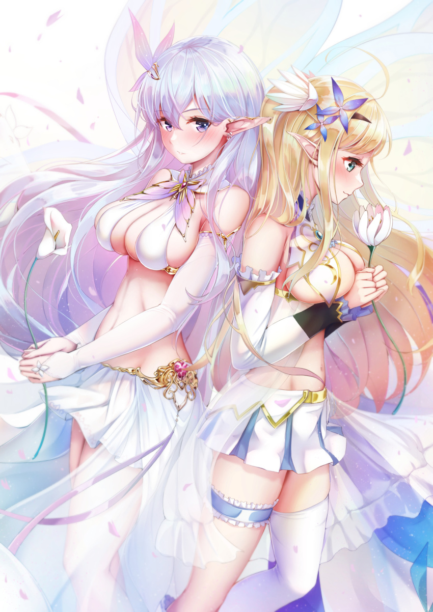 2girls albion_(azur_lane) azur_lane back-to-back bare_shoulders blonde_hair breast_curtains breasts bridal_garter butterfly_hair_ornament centaur_(azur_lane) cleavage cleavage_cutout closed_mouth clothing_cutout cowboy_shot crop_top detached_collar detached_sleeves elf flower from_side gold_trim green_eyes hair_flower hair_ornament highres holding holding_flower imo_bouya jewelry large_breasts light-skinned_female light_purple_hair light_skin lily_(flower) long_hair long_sleeves looking_at_viewer midriff miniskirt multiple_girls navel pleated_skirt pointy_ears purple_eyes revealing_clothes royal_navy_(azur_lane) simple_background single_thighhigh skirt standing thigh_strap thighhighs underboob very_long_hair white_background white_flower white_skirt