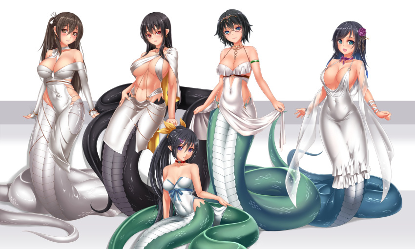 5girls bare_shoulders black_hair breasts brown_hair cleavage dress evening_gown full_body hair_ornament highres lamia large_breasts long_hair looking_at_viewer midnight_(banyex) monster_girl multiple_girls mythology naga open_mouth original public_domain red_eyes scales simple_background small_breasts smile tight_clothes tight_dress white_dress