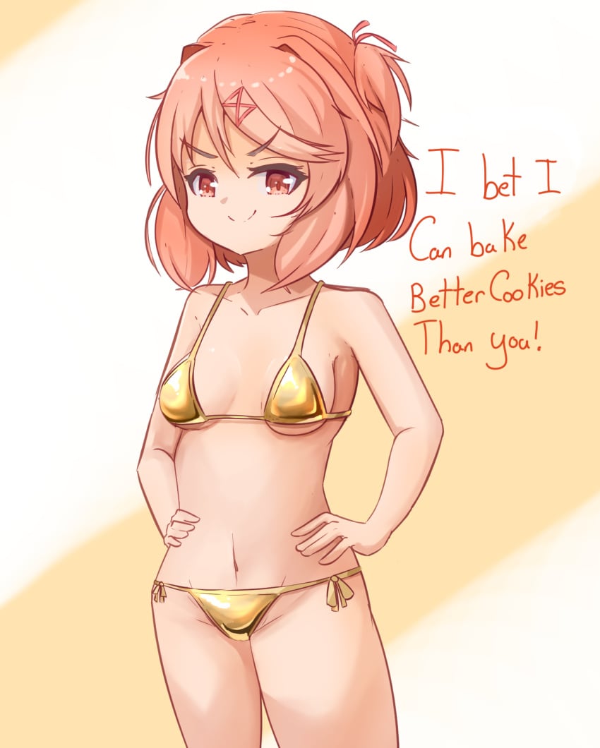 1girls betting bikini breasts challenging doki_doki_literature_club english_text female female_only gold_bikini hands_on_hips looking_at_viewer matching_hair/eyes natsuki_(doki_doki_literature_club) pink_eyes pink_hair short_hair small_breasts smile solo solo_female text theartistaurora