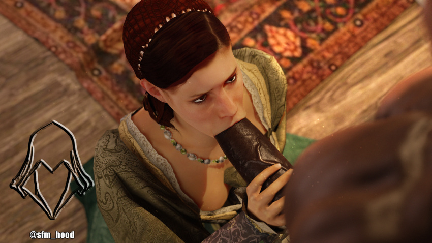 3d assassin's_creed:_revelations assassin's_creed_(series) black_penis blowjob dark-skinned_male dark_skin fully_clothed interracial looking_at_partner looking_up red_hair sfm_hood sofia_sartor