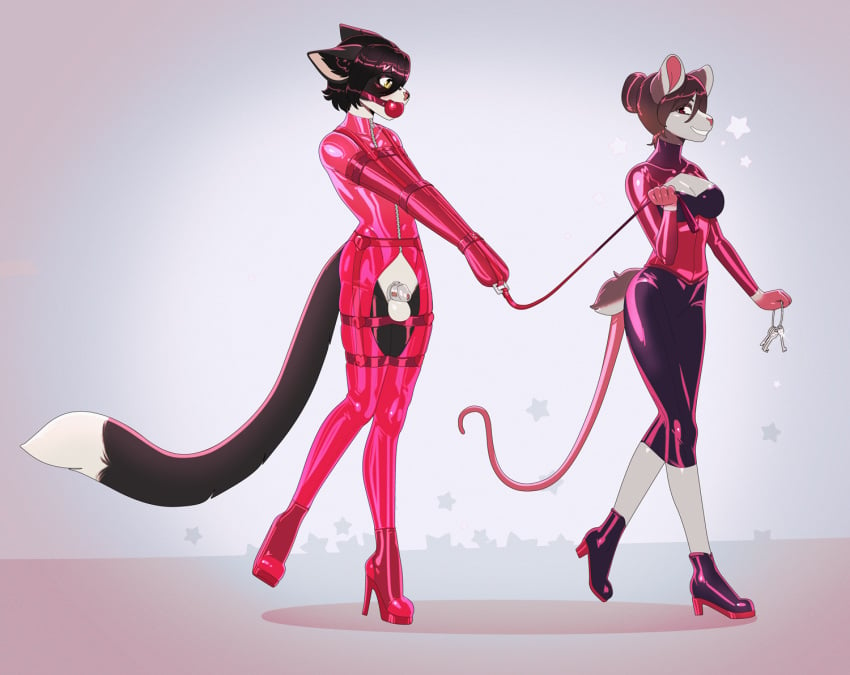 arh arh_(character) ball_gag bottomwear chastity_cage chastity_device clothing domestic_cat dominant dominant_female felid feline felis female footwear gag high_heels key latex latex_skinsuit leash male mammal mouse murid murine no_humans rodent rubber rubber_clothing rubber_suit skirt