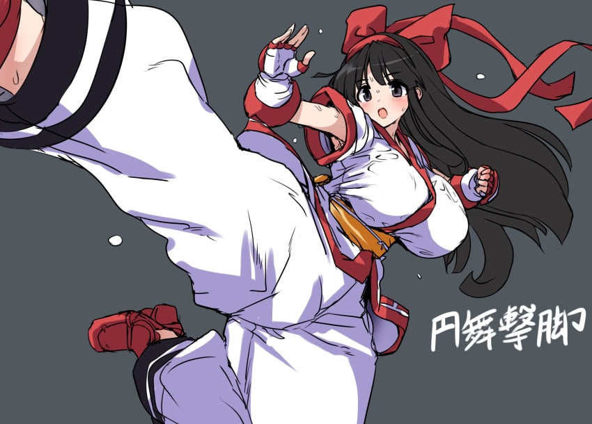 1girls ainu_clothes armpit_peek big_breasts black_hair breasts busty female female_only fingerless_gloves gloves grey_eyes hair_ribbon highres hirowa_nagi kicking large_breasts legs long_hair nakoruru open_mouth pants ribbon samurai_shodown snk solo sweat thighs voluptuous