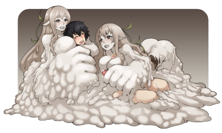 1boy 2girls ahoge ass colored_skin dorome_(monster_girl_encyclopedia) elemental_(creature) femdom grey_skin handjob large_hands magnifire monster_girl monster_girl_encyclopedia mud multiple_girls no_feet oversized_forearms oversized_limbs pointy_ears restrained slime_girl