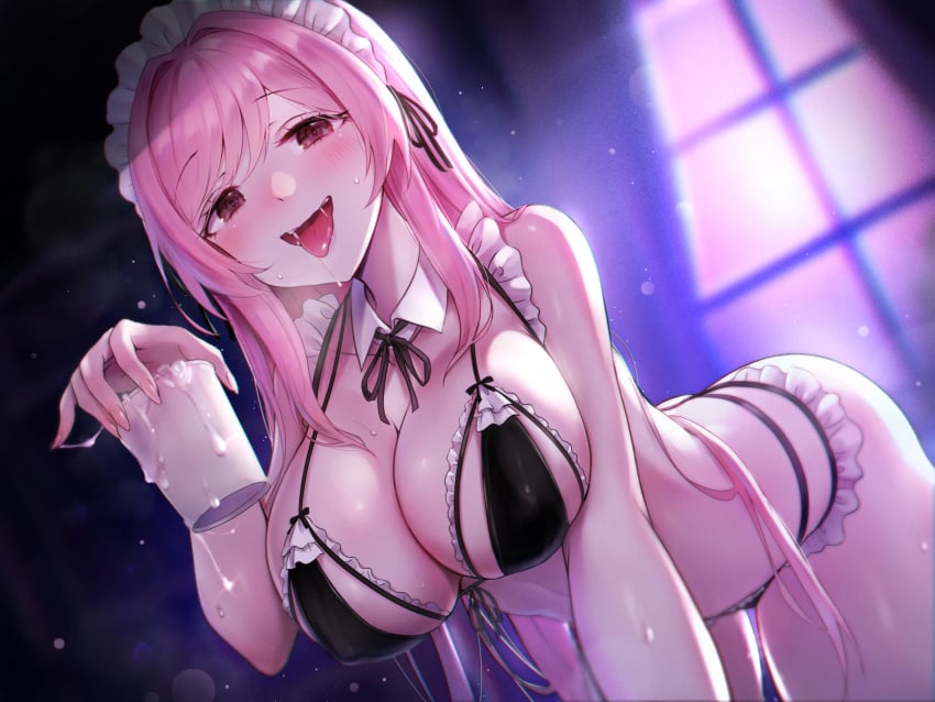 bikini blush breasts brown_hair cleavage cum_in_container cum_in_cup cup detached_collar female frilled_bikini_top hand_up highres holding holding_cup kai_(ootamuno12) large_breasts long_hair maid maid_bikini maid_headdress neck_ribbon open_mouth original pink_hair ribbon sideboob solo swimsuit tongue tongue_out unconventional_maid