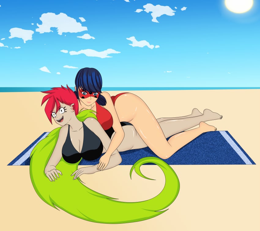 2girls anoneysnufftan beach big_breasts bikini blue_eyes blue_hair cleavage crossover demencia_(villainous) edasbild embarrassed eye_mask female female_only green_hair ladybug_(character) long_hair marinette_cheng marinette_dupain-cheng massage miraculous_ladybug multicolored_hair multiple_girls ocean red_hair rubbing sand seaside sky summer sunbathing swimsuit towel villainous