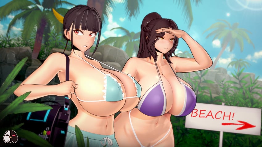 2girls 3d 3d_(artwork) alternate_version_available areolae_peeking asian asian_female ayumi_kyoko belly_button big_breasts bikini blue_bikini blue_swimsuit breasts cute_birdd female female_only huge_breasts koikatsu large_breasts light-skinned_female light_skin nipple_outline original outside pubic_hair purple_bikini purple_swimsuit red_eyes swimsuit tied_hair yellow_eyes yin_gua