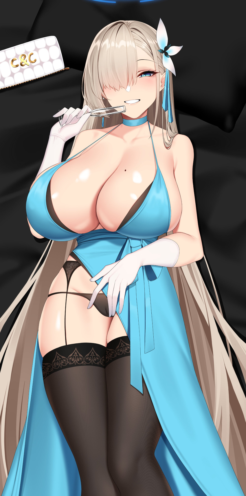 1girls asuna_(blue_archive) blonde_hair blue_archive blue_eyes breasts chixiao cleavage dress female hair_over_one_eye halo huge_breasts long_hair mole_on_breast naughty_face panties smile suggestive_look thighhighs