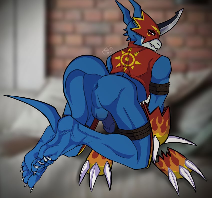 5_toes absurd_res anus ass balls bandai_namco bottomless clothed clothing crest_of_courage crests_(digimon) digimon digimon_(species) dragon feet flamedramon foot_focus genitals hi_res humanoid humanoid_feet male male_only penis plantigrade presenting presenting_hindquarters sadist69 soles solo toes ych