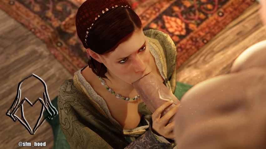 1boy 1girls assassin's_creed:_revelations assassin's_creed_(series) blowjob dress female fully_clothed italian light-skinned_female light-skinned_male looking_at_partner looking_up oral red_hair sex sfm_hood sofia_sartor straight