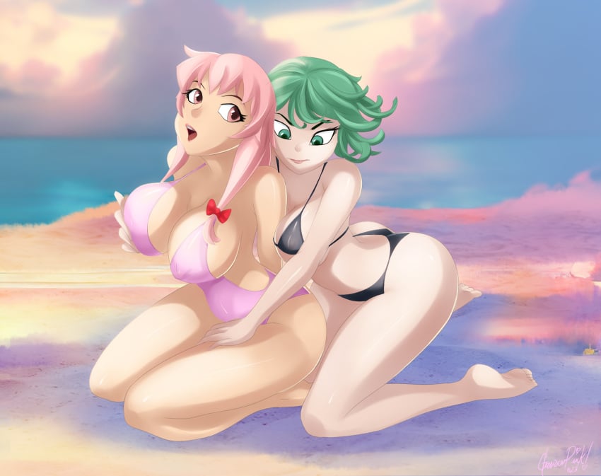 2girls anoneysnufftan applying_sunscreen beach bikini embarrassed female female_only gasai_yuno glamourpink green_eyes green_hair humiliation imminent_death killer_lotion massage mirai_nikki murder one-punch_man peril pink_eyes pink_hair punishment rubbing sand snuff summer sunbathing swimsuit tatsumaki