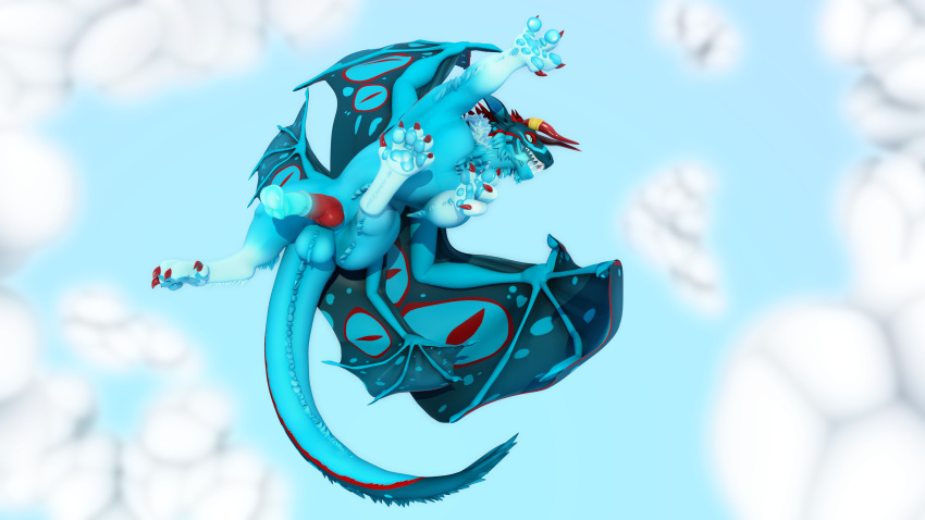 3d_(artwork) absurd_res aerial_acrobatics balls claws cloud digital_media_(artwork) felkin flying genitals haloren hi_res knot paws penis wings zairiza